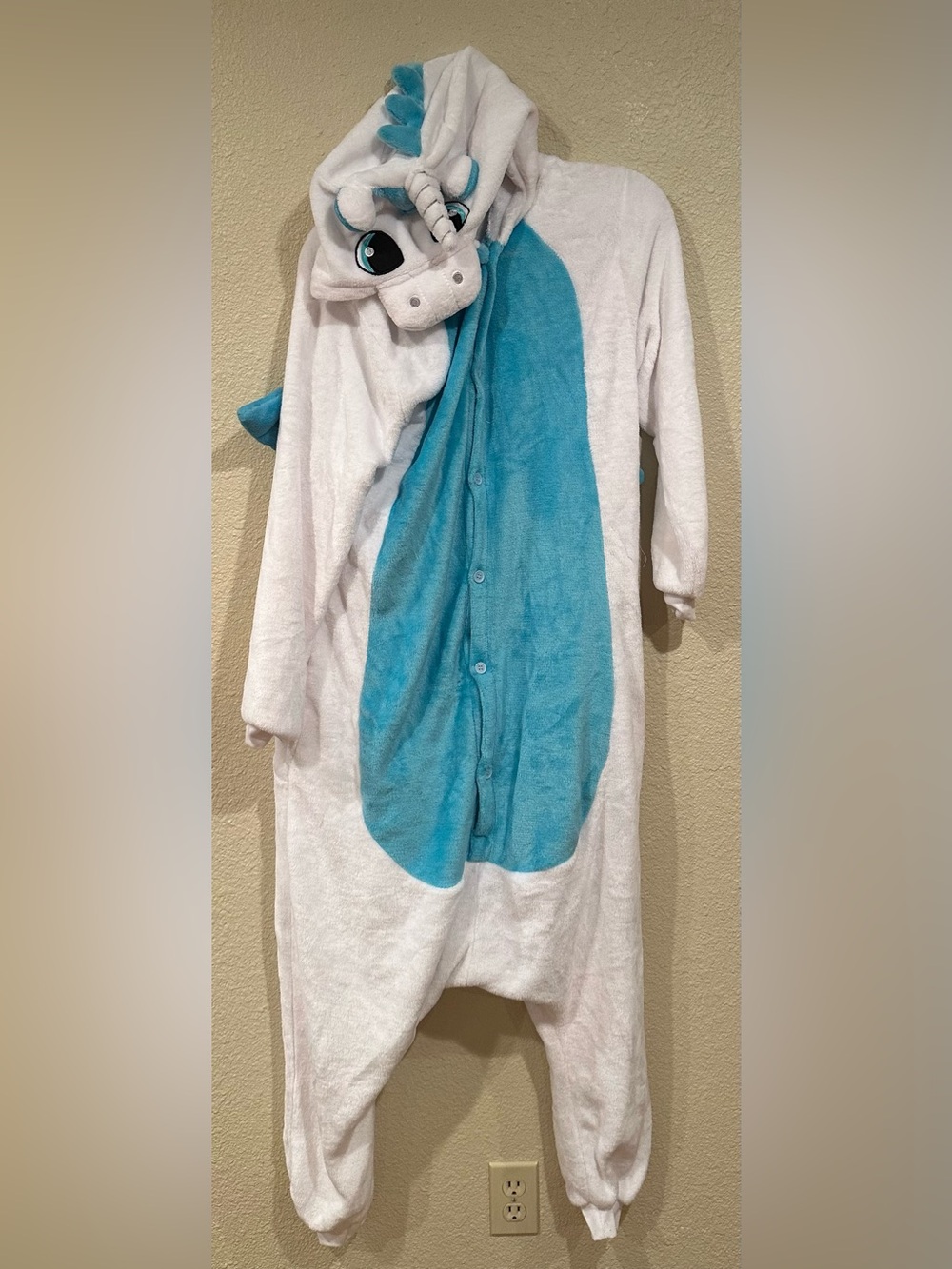 Adult Unicorn Onesie Costume L White Blue Plush Hooded Jumpsuit